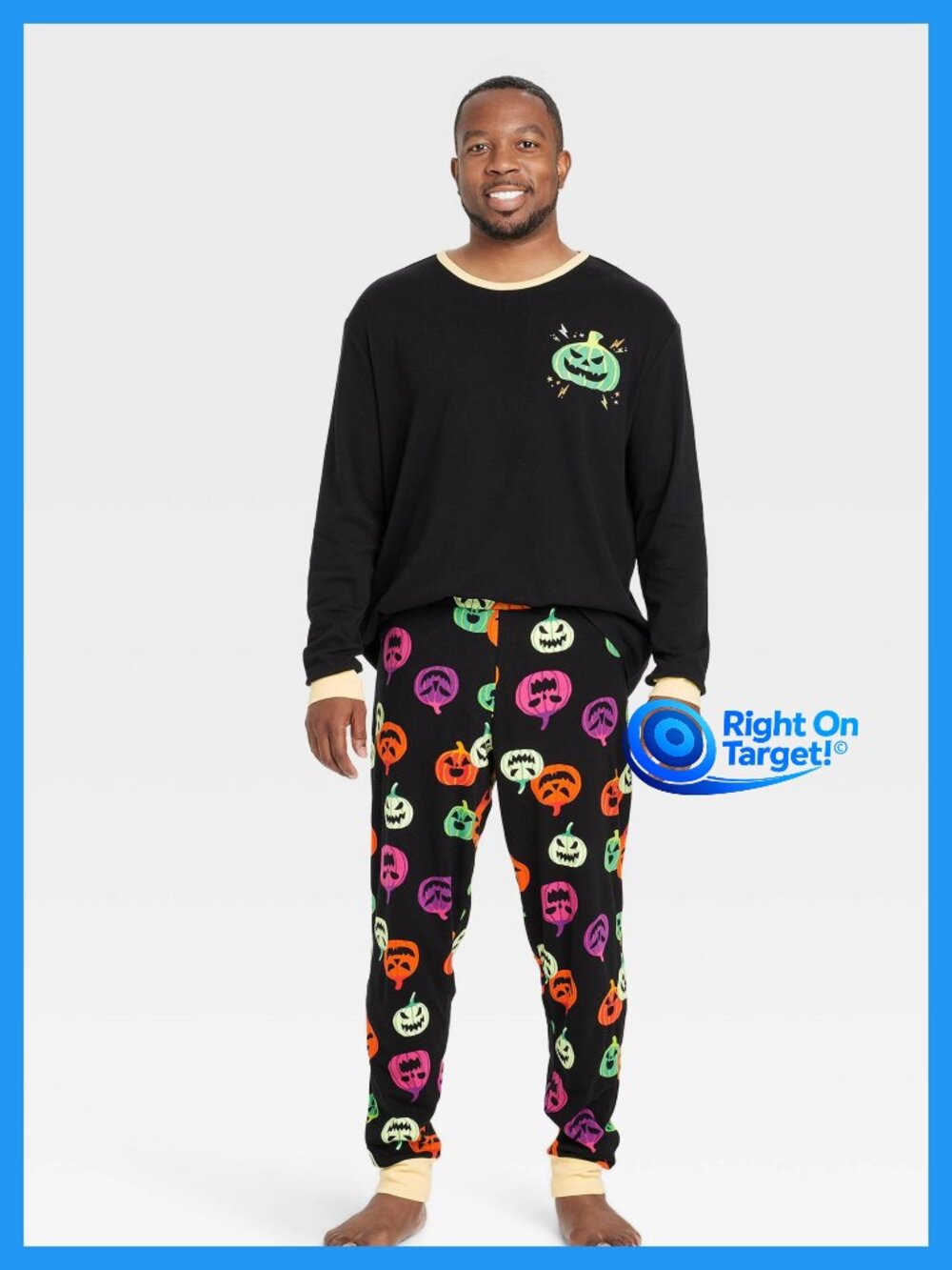 XXL - Mens Pumpkin Print Glow-in-the-Dark Halloween Pajama Set - Black